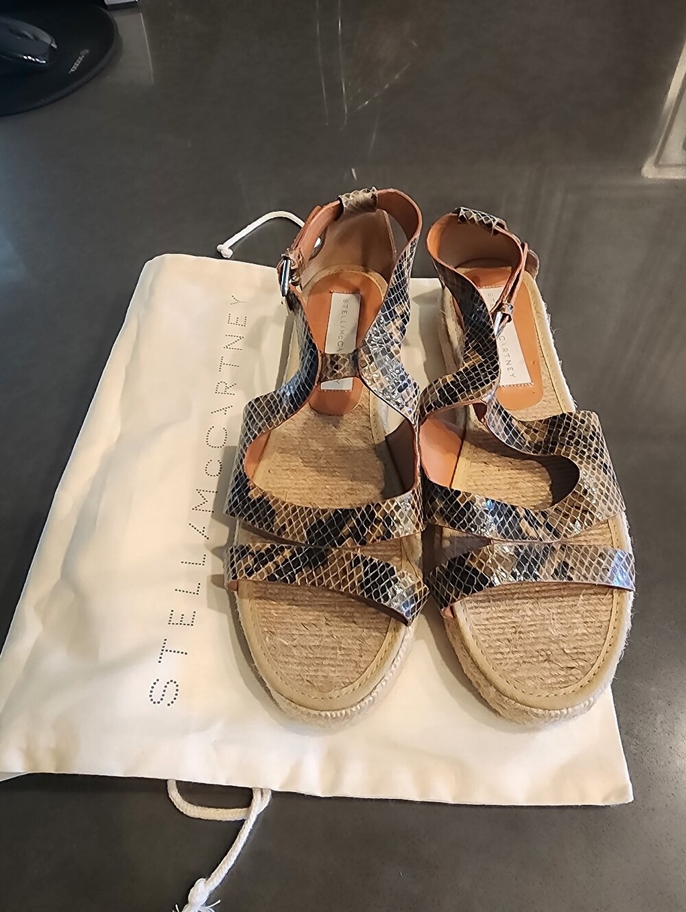 Stella McCartney Black and Brown Snake-Print Espadrille Sandals